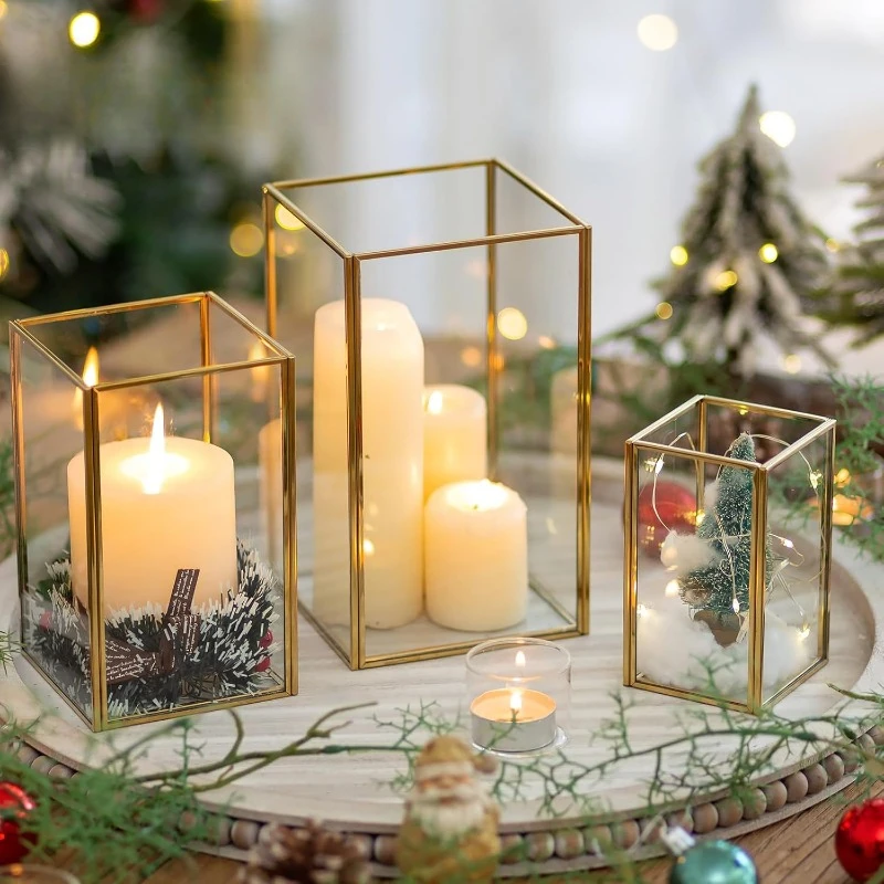 Glass Hurricane Candle Holder: Gold Hurricane Clear Candle Holder for Table Centerpiece Wedding Christmas Engagement，home.