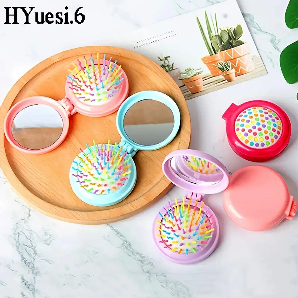 Mini Foldable Round Massage Hair Comb Travel Multifunctional Compact Hair Brush With Mirror For Women Girls Styling Tools