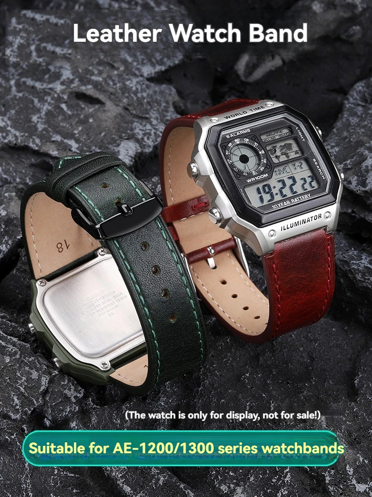 Correa de reloj retro de cuero de vaca de 18 mm para Casio AE1200 AE1300 A158W/A168 W-216H, correa de cuero genuino vintage con boca convexa, brazalete para hombre.