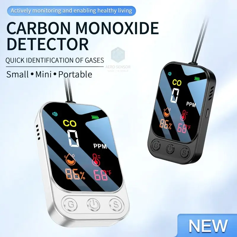 Carbon Monoxide Detector Portable Mini Air Quality Monitor with Lanyard Smoke Alarm CO Gas Meter Temperature Humidity Sensor