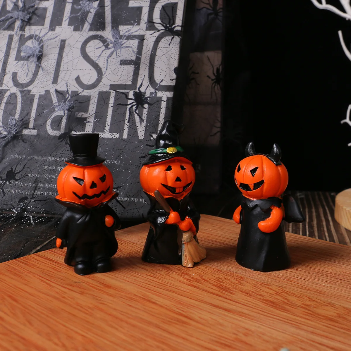 Halloween Mini Pumpkin Devil Gentleman Resin Figurine Set Home Decor Desktop Craft