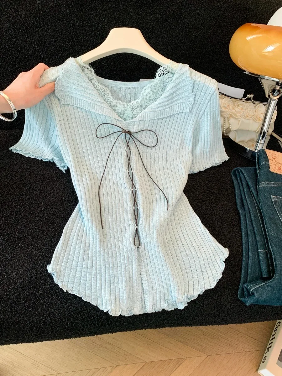 

Elegant Light Blue Lace Trim Knot Short Sleeve Women's T-Shirt Knitted Top Fashionable Summer Chinese Style Slim Fit