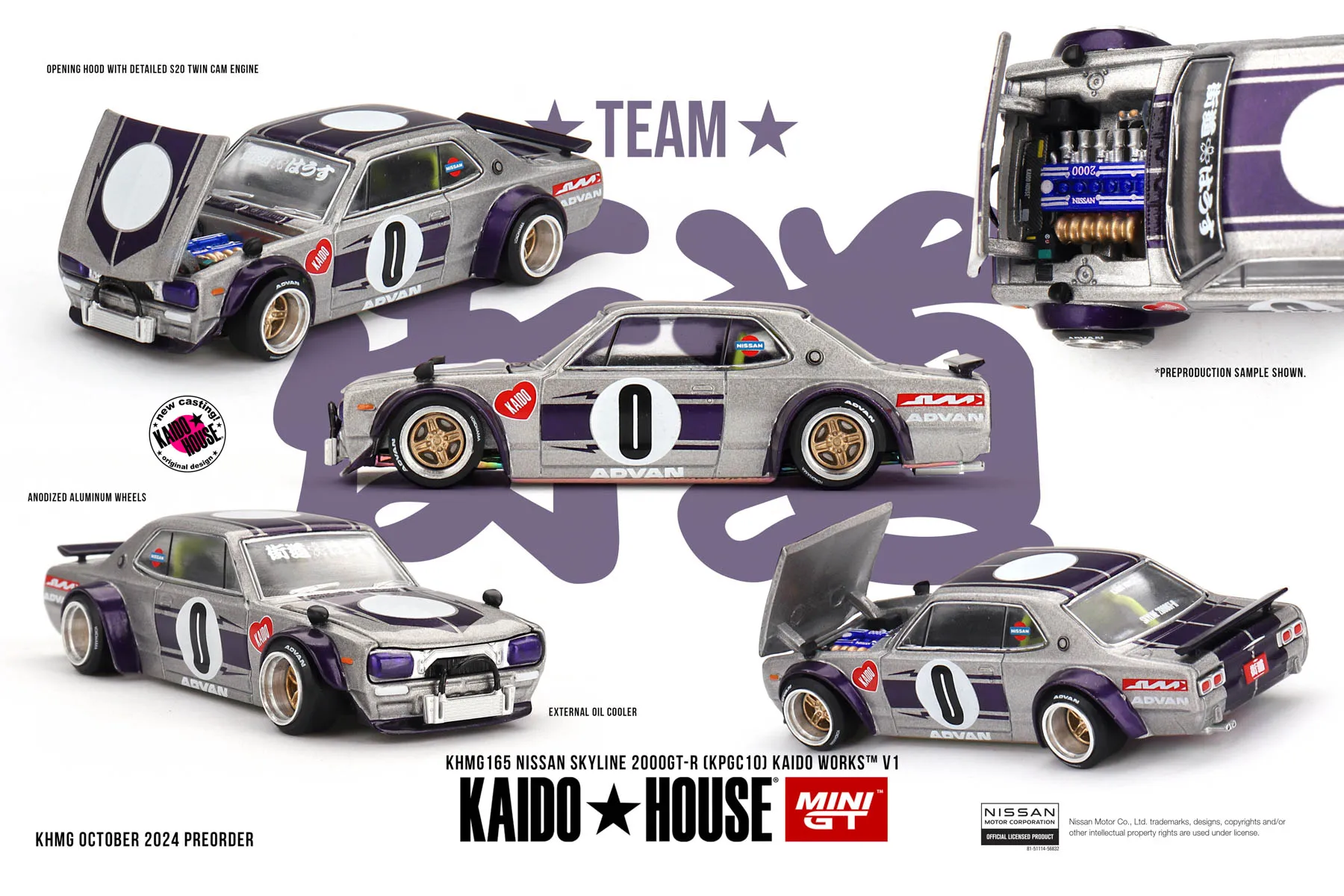 

Kaido House + MINIGT 1/64 Nissan Skyline 2000GT-R (KPGC10) Kaido Works V1 KHMG165-CH Car Alloy Diecast Model Kids Toys for Boys