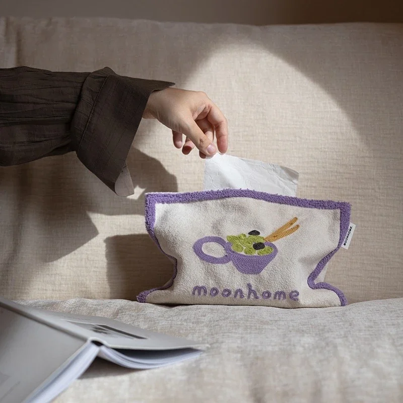 Hand-Embroidered Cream Tissue Holder, Artistic Hand-Painted Tissue Boxs Cover with Unique Design,For Home Decoration Organizer