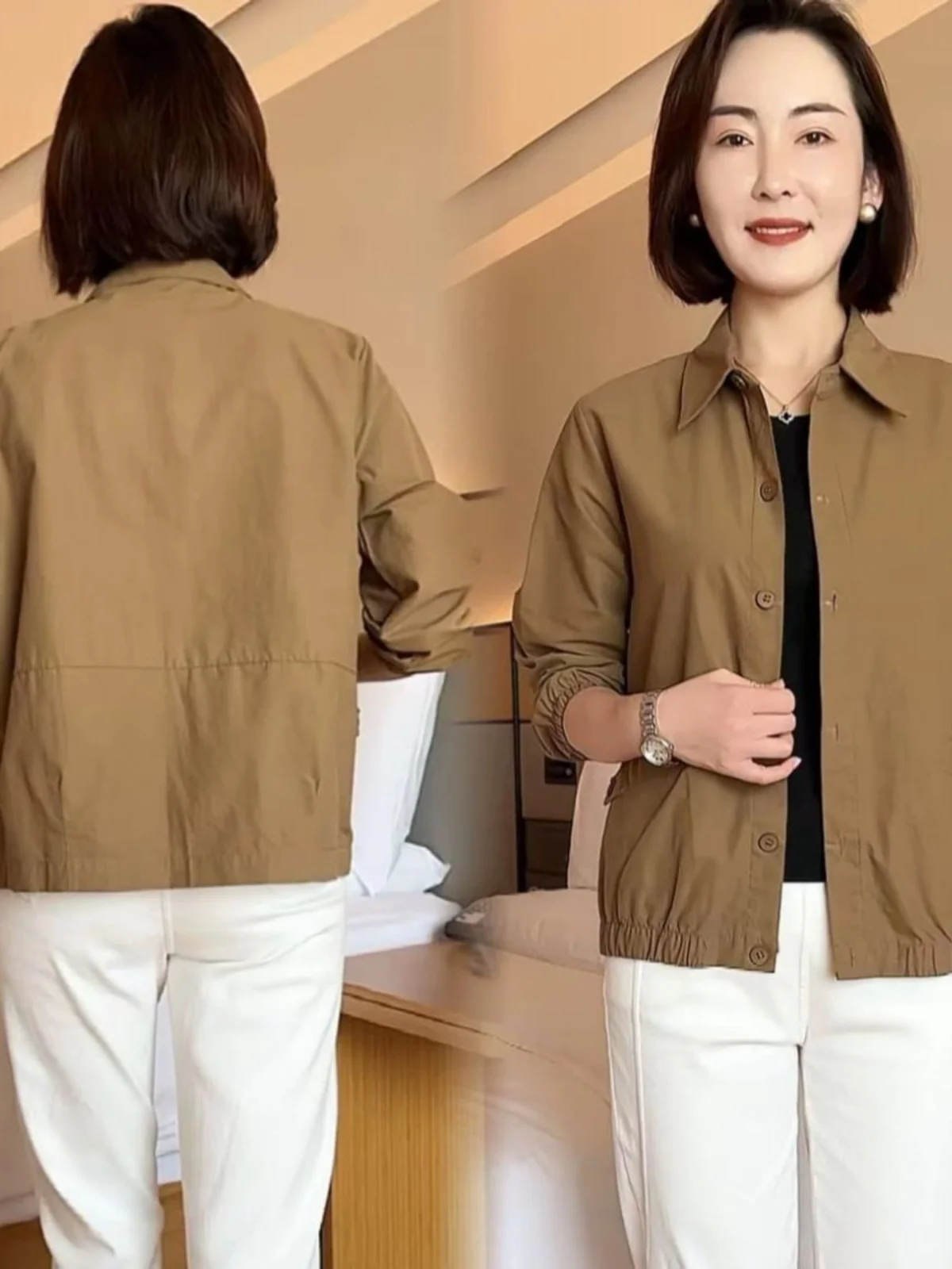 

Spring 2025 Women's Casual Loose Short Coat Long Sleeve Fashionable Versatile Pure Color Top Mom's Clothing Polyester Fiber