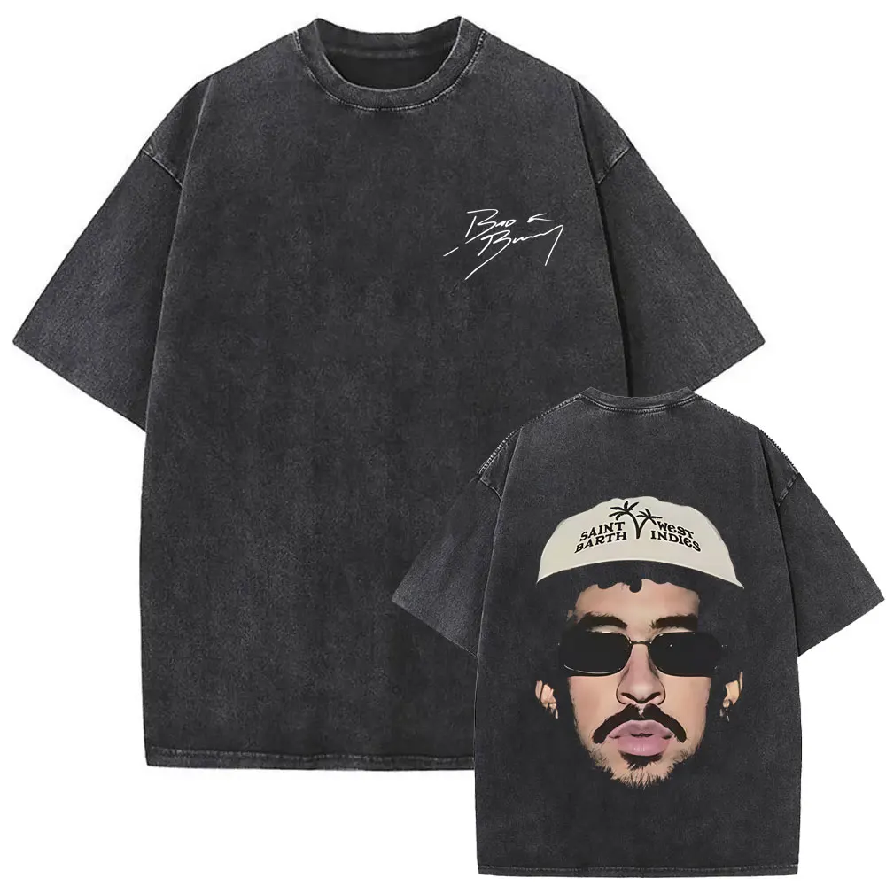 

Rapper Bad Bunny Face Vintage Washed T-shirt Debi Tirar Mas Fotos DTMF World Tour 2026 T Shirts Men's Fashion Hip Hop T-shirts