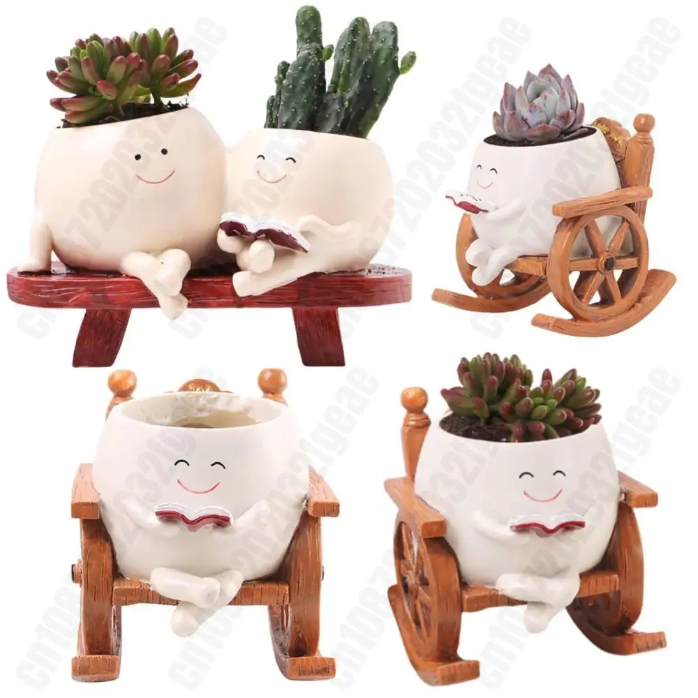 Smiling Face Plant Pot Resin Cute Head Planter Chair Reading Succulent Pots Cute Cartoon Garden Flower Pot For Succulent Plants