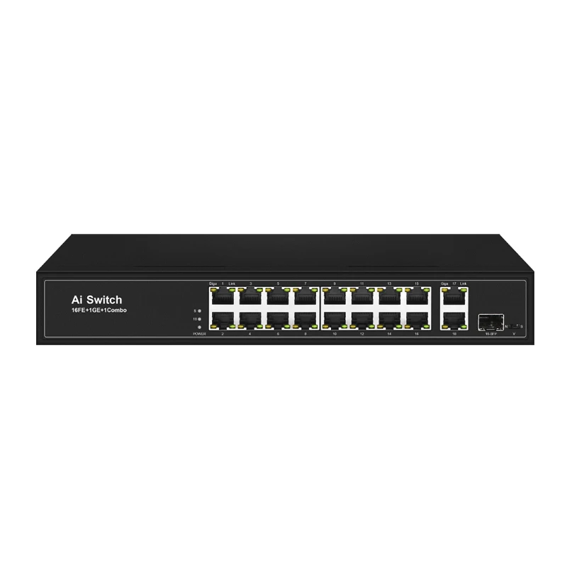 Non managed BT PoE switch, 1 * COMBO+1 * 1000M RJ45 Ports+16 * 100M POE Ports 1-2 ports support IEEE802.3af/at/BT PoE standard