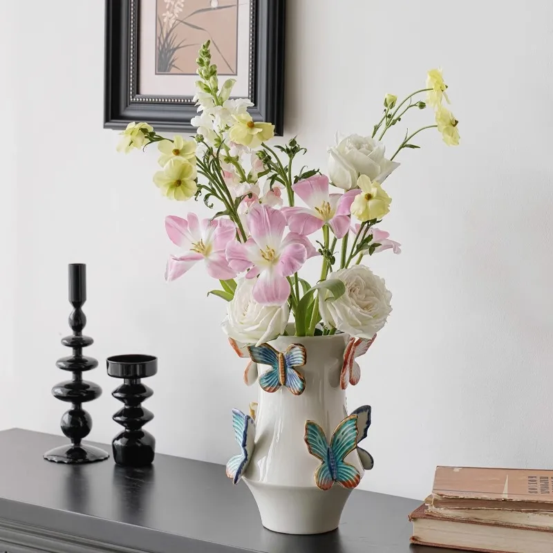 Ceramic Butterfly Vase Relief Butterfly Handmade Porcelain Vase Flower Arrangement Accessories