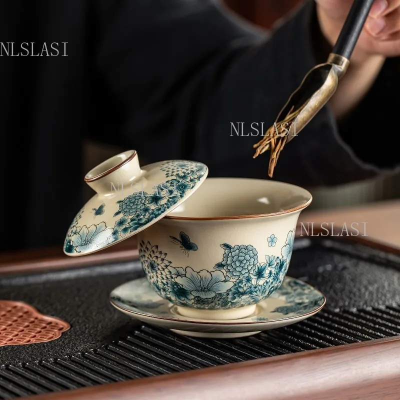 Blue Peony Floral Porcelain Gongfu Tea Set Complete Teapot Gaiwan Tea Cups Full Set Chinese Traditional Tea Ceremony Teaware