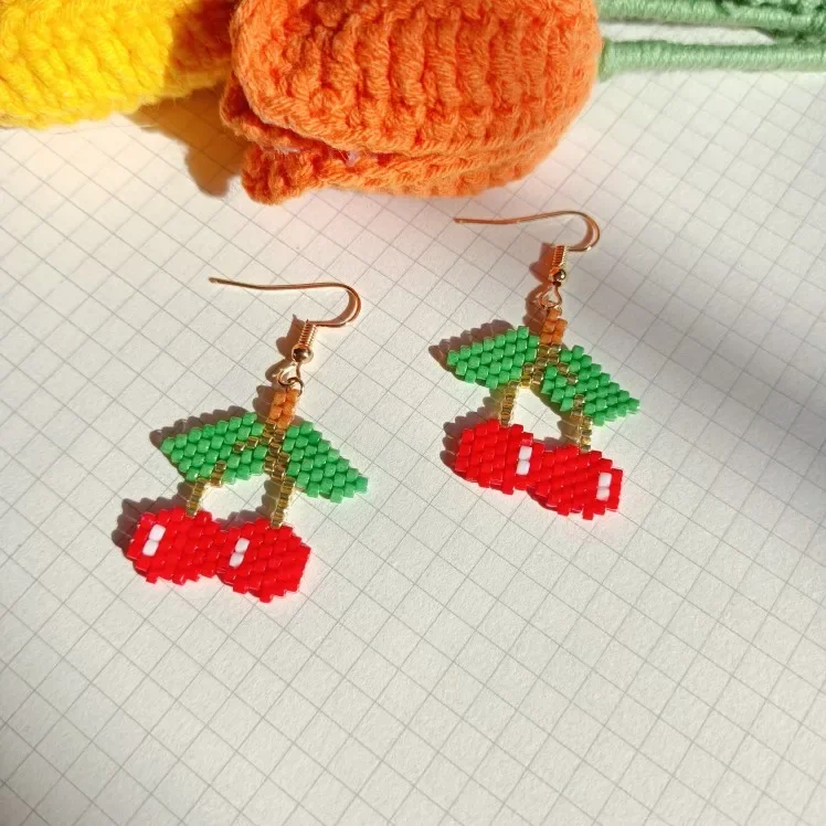 

Handmade Beaded Earrings Hand Woven Little Cherry Personality Trend Creative Bohemia Fruit Fashion Beaded Earrings for Women