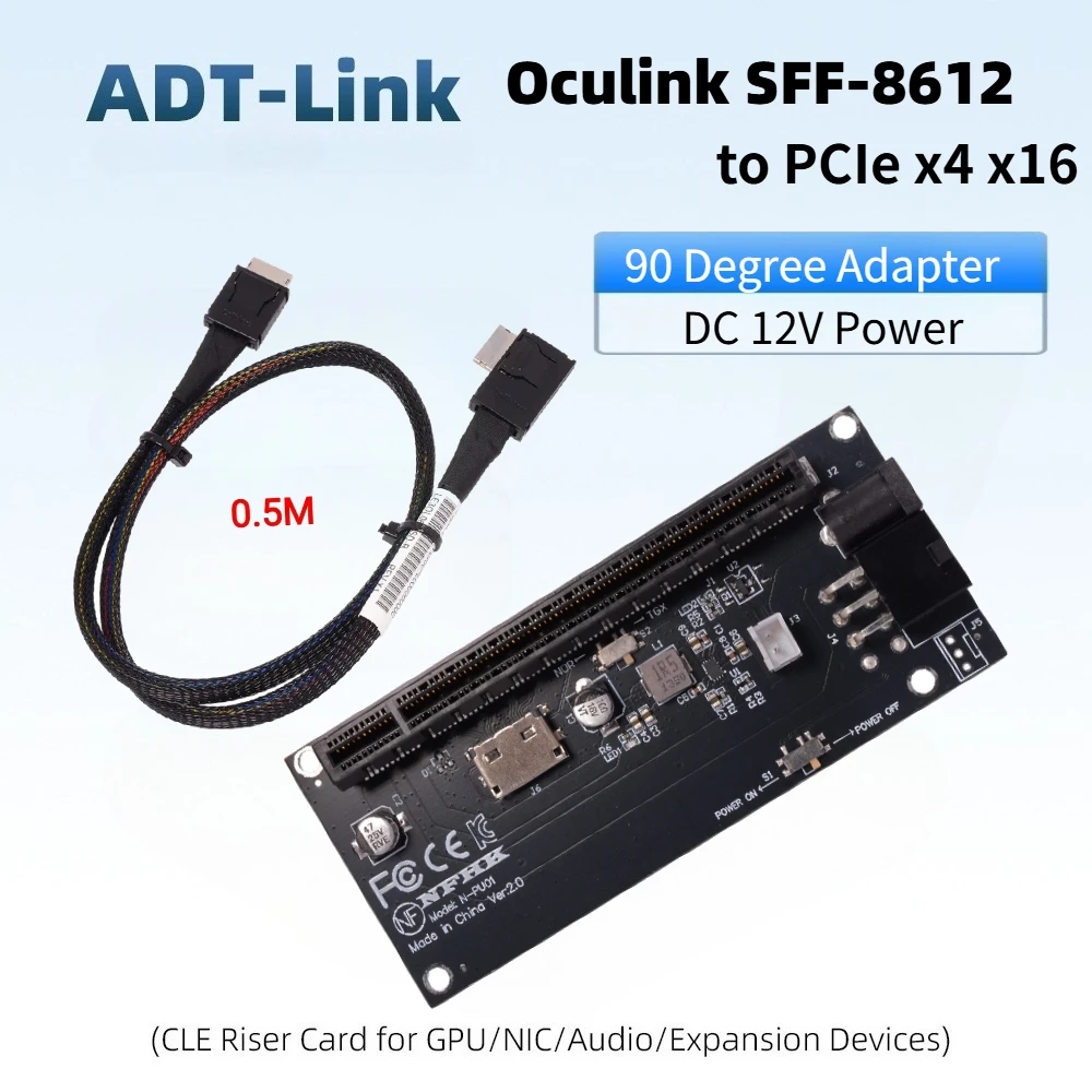 Oculink SFF-8612 zu PCI-e X4 X16 90-Grad-Karte GPU-Stromkabel DC 12V PCIe 4.0 3.0 SFF-8611 4i Kabel 0,5m für PC-Mainboard Grafikkarte