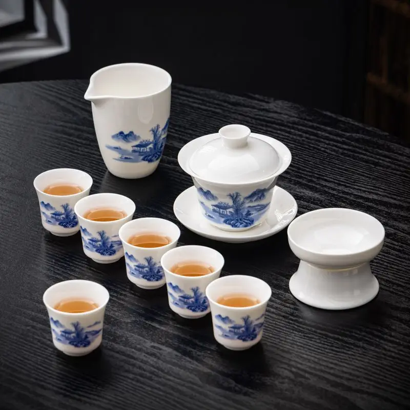 Dehua Suet Jade Weißes Porzellan Kung-Fu-Tee-Set 10-teilig Keramik Gaiwan Teetasse Tablett Leichter Luxus für Zuhause und Büro