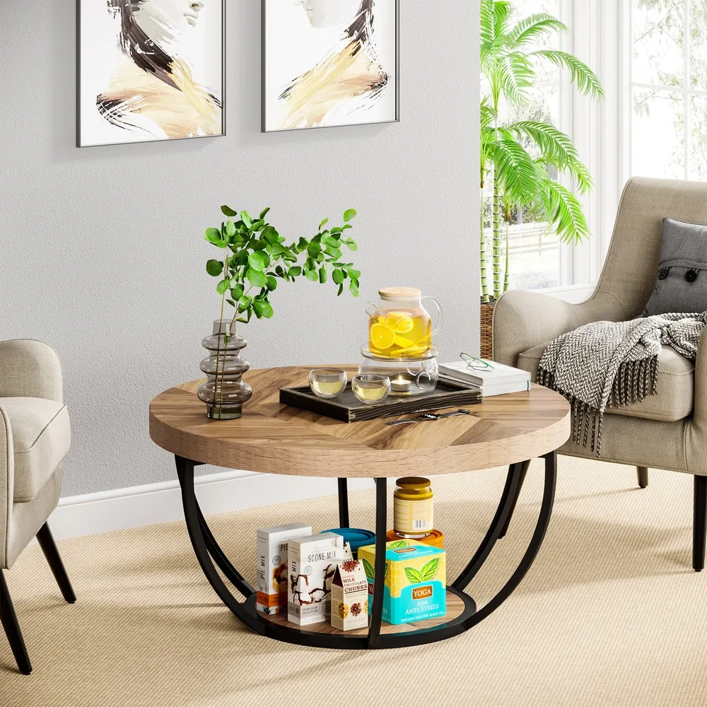 2-Tier Coffee Table with Storage for Living Room, Round Wood Sofa Center Table
