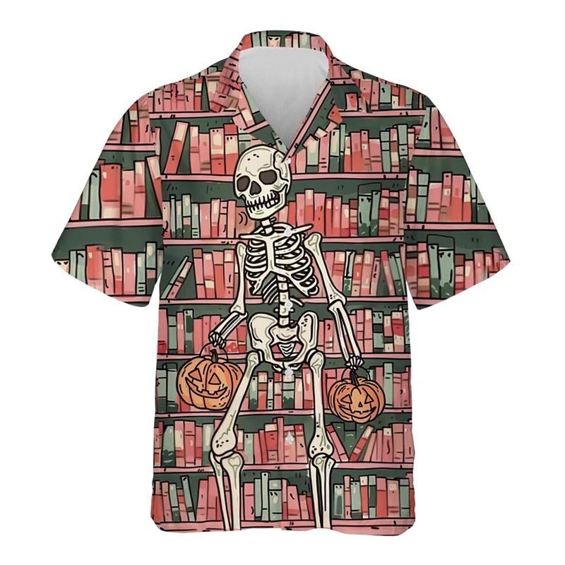 Halloween Skull Graphic Shirts For Men Clothes Horror Skeleton Lapel Blouse Festival Party Short Sleeve Funny Unisex Button Tops