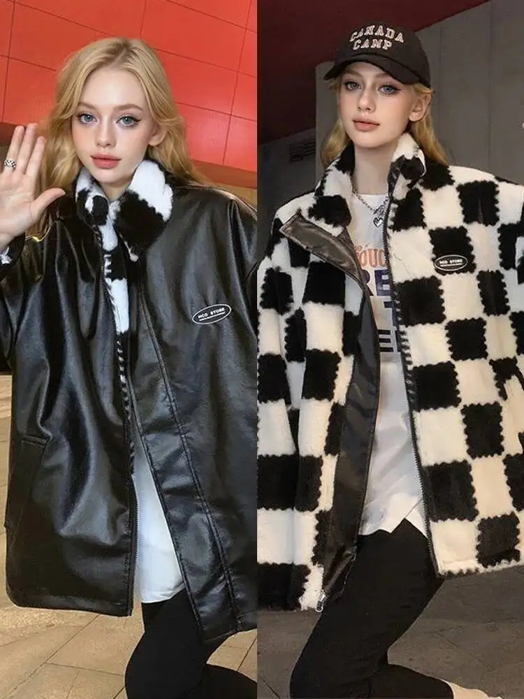 

Куртка из искусственной кожи в стиле ретро, двусторонняя одежда на молнии, модное женское зимнее теплое пальто в шахматном порядке, женская одежда