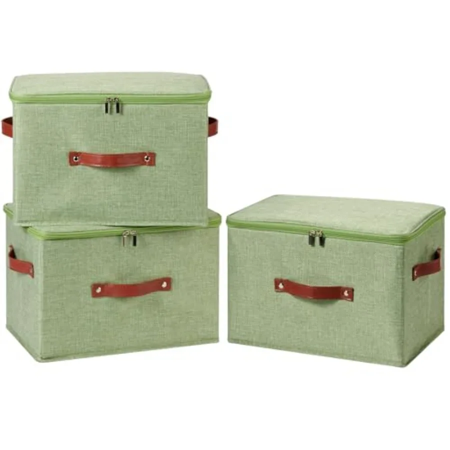 

Набор из 3-х складных корзин для хранения с крышками на молнии, из хлопково-льняной ткани, с ручками из искусственной кожи, с пластиковыми вставками из полипропилена, размер L