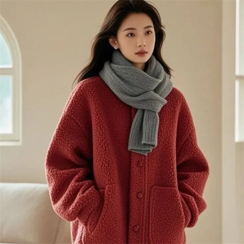 Autumn Winter Women Long Sleeves Jacket European Feminine Solid Color Particle Plush Outwear Ladies Fashion Loose Lamb Wool Coat