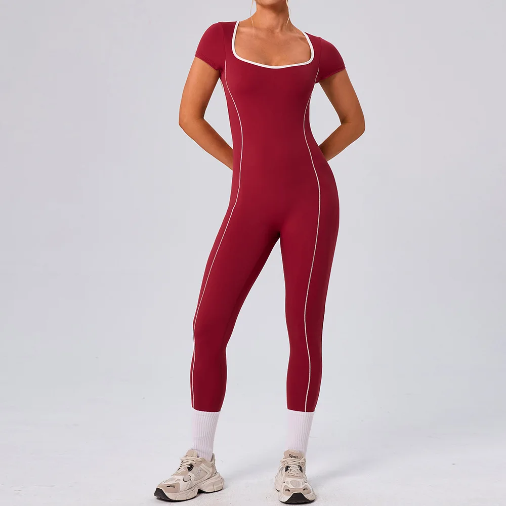 

Women Workout Bodysuits Yoga Sets One-piece Jumpsuits with Chest Pad Gym Tights Square Neck Fitness Overalls Sportswear