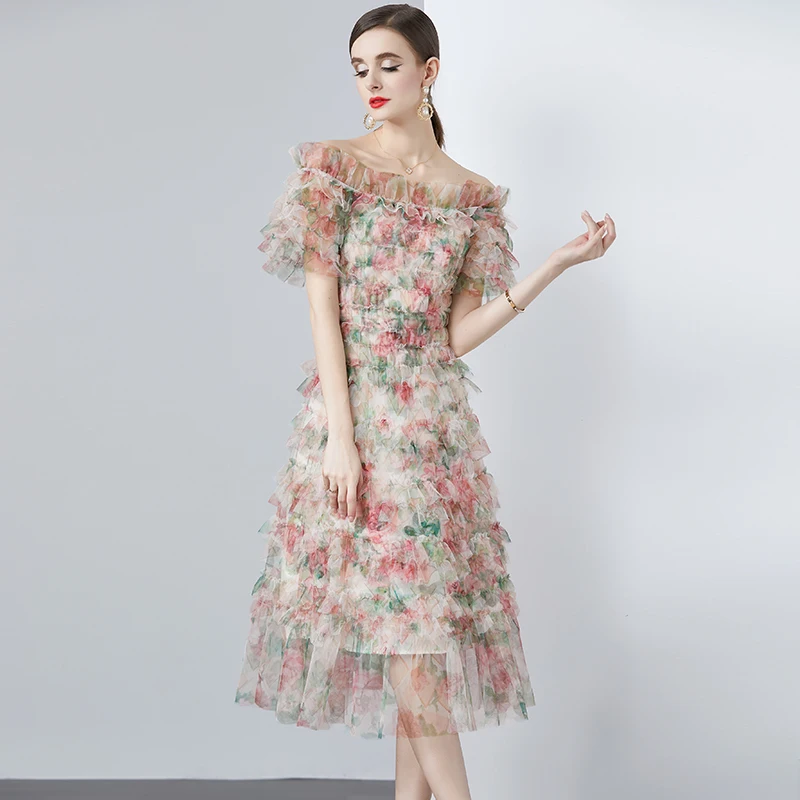 Jakość Runway Brand Design Summer Holiday Layer Cake Ruffle Tulle Floral Dress Women Sexy Slash Neck Short Sleeve Midi Dresses