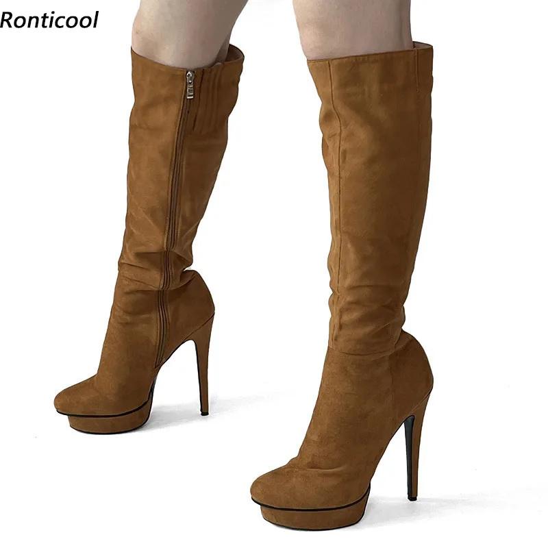 

Ronticool High Quality Women Winter Knee Boots Platform Stiletto Heels Round Toe Brown Red Casual Shoes Plus US Size 5-20