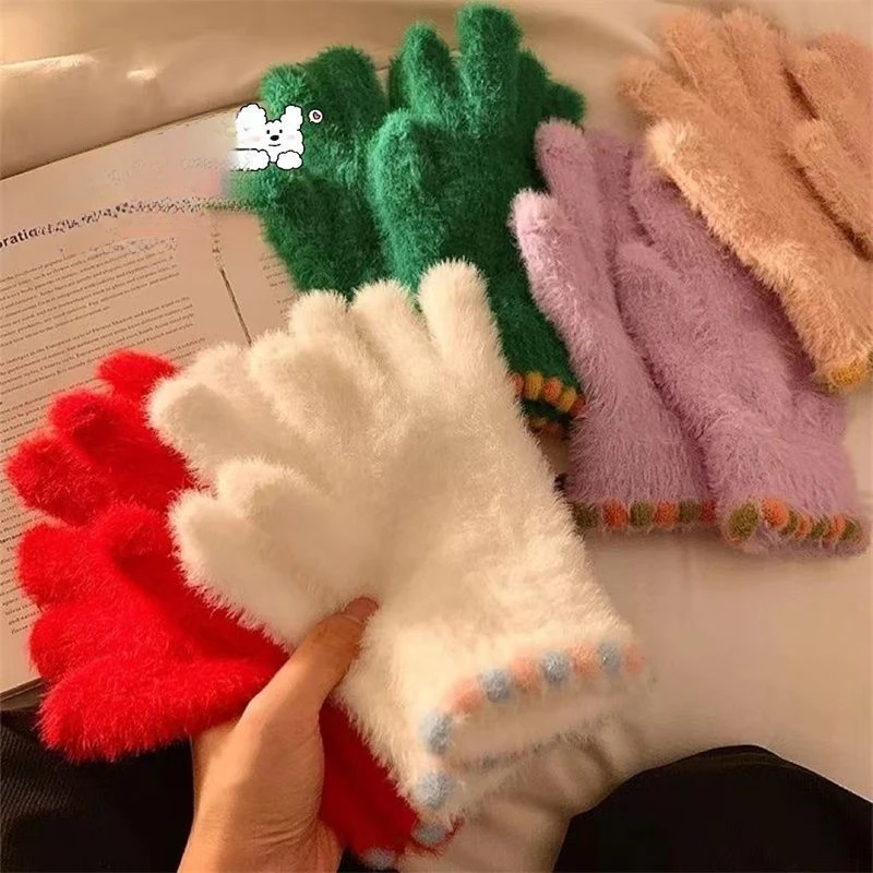Niedliche Open-Finger-Touchscreen-Plüsch-Fünf-Finger-Handschuhe für Frauen im Winter, warmer und dicker Samt für Radsportstudenten