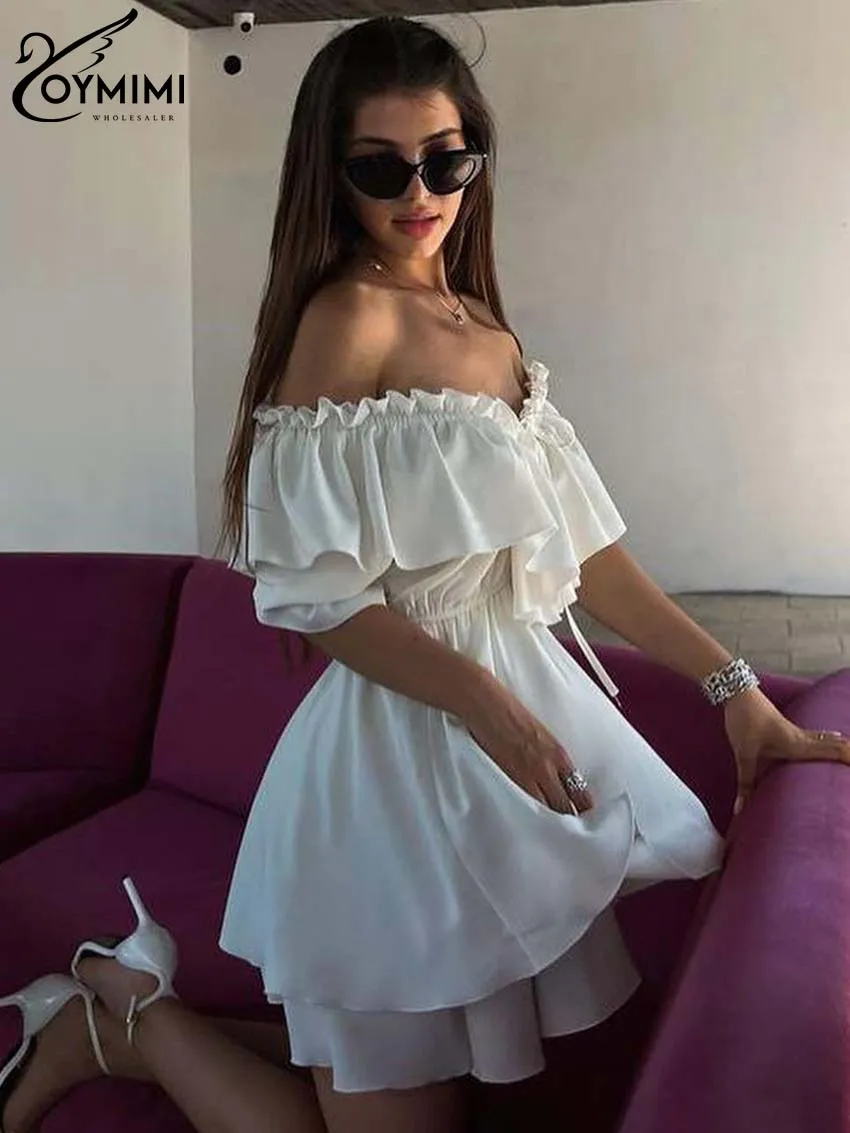 Oymimi Elegant White Ruffled Dresses 2024 Women Fashion Lace-Up Half Sleeve Solid Dresses Autumn High Waisted Pleated Mini Dress