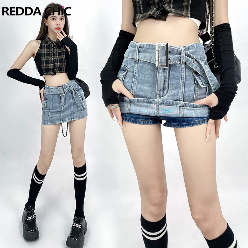 

REDDACHiC Skorts Jeans Skirts Women Cargo Pockets Mini Bodycon High Waist Buckle Belt Short Bottoms Gyaru Y2K Korean Streetwear