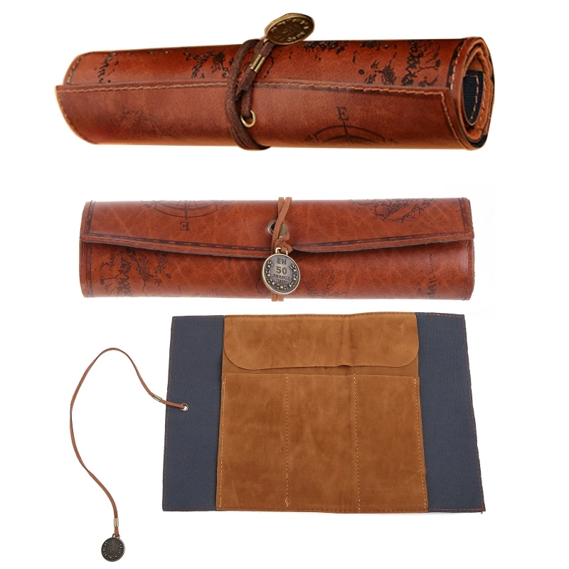 Treasure Map Leather Retro Pencil Cosmetic Bag Roll Pen for Case Makeup Brush Storage Hold 10 Pens for Student Pai