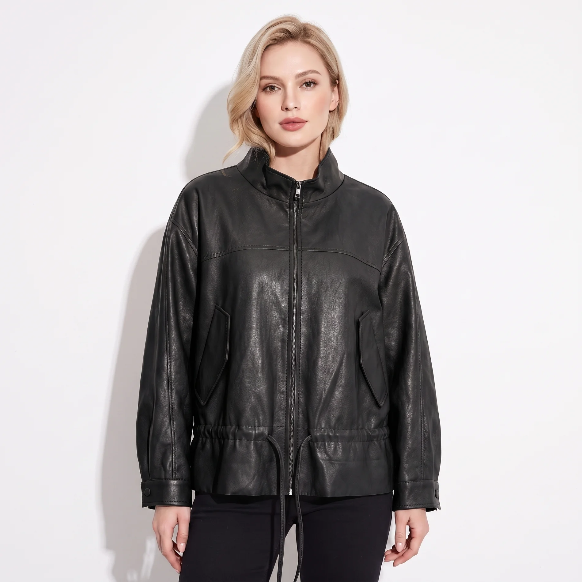 PUAL Women Stand Collar Faux Leather Jacket, Zip Up Oversized PU Coat, Drawstring Hem Casual Outerwear