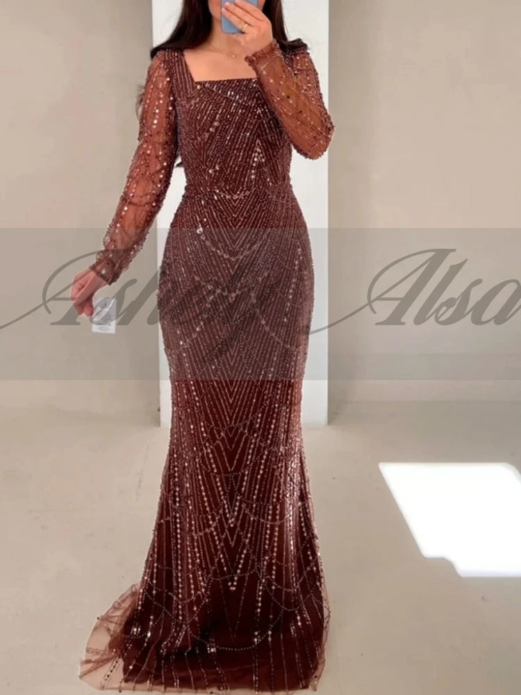 A2242 우아한 긴팔 웨딩 게스트 파티 드레스 여성 사우어 넥 진주 머메이드 정장 이브닝웨어 베스티도 프롬 맞춤 제작