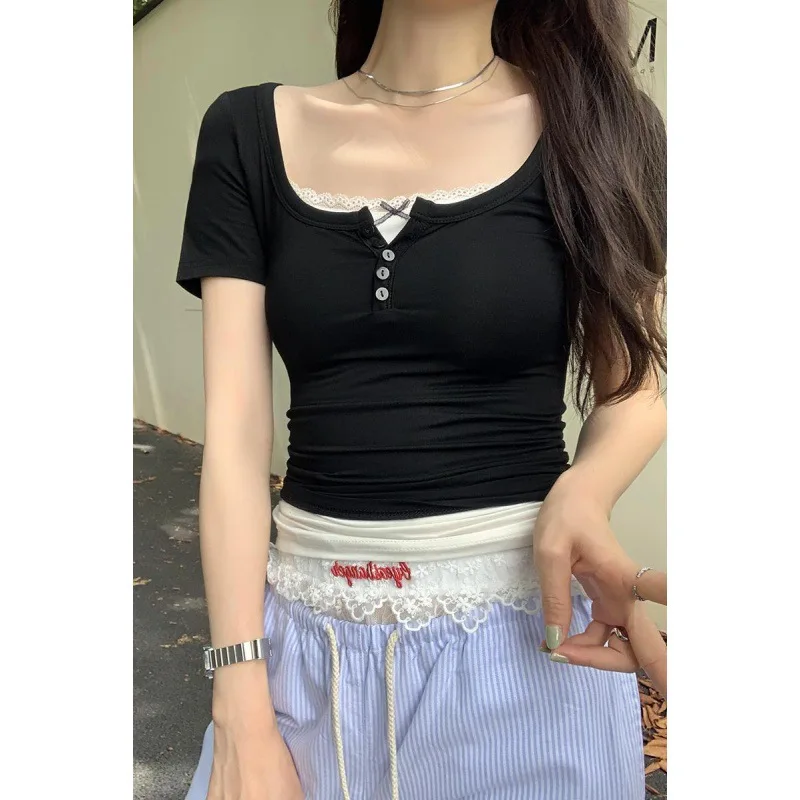 

European Goods in Stock Two-Piece Small Lace Button Shoulder Short-Sleeved-shirt Women's Summer Slim-Fit Sweet and Spicy