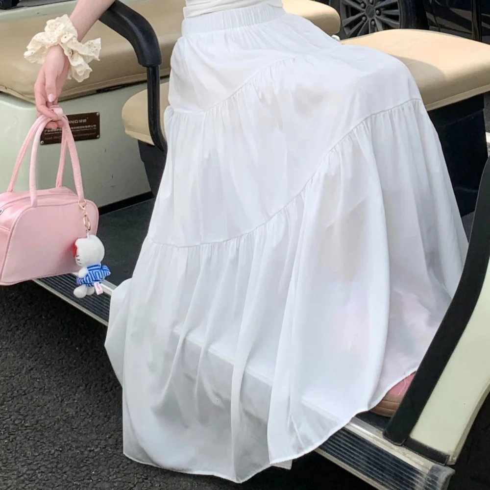 French Style Women Sweet A-line Long Skirt Spring Summer New Princess Cake Skirt Loose High Waist Pure Color Half Skirts