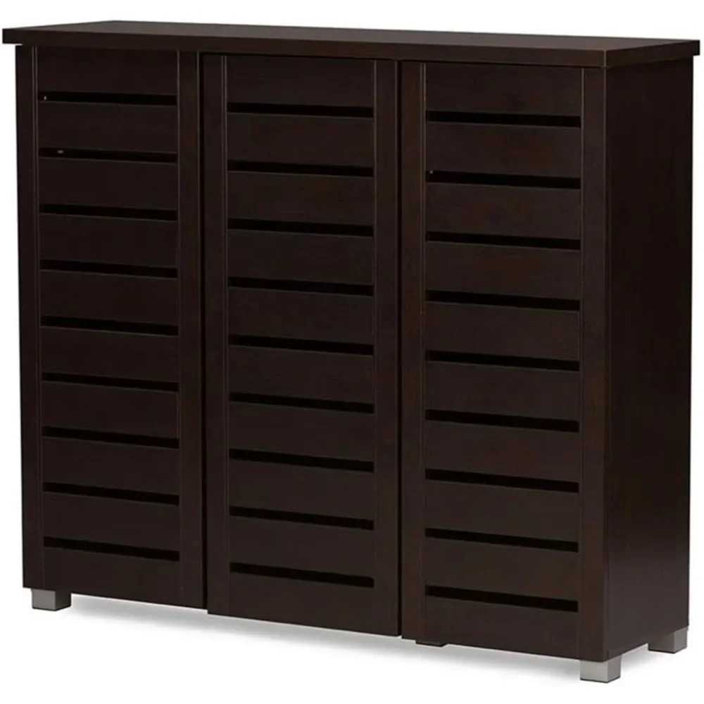 

Contemporary 3 Door Wooden Shoe Cabinet, 20 Pairs Shoe Rack Storage Organizer in Dark Brown