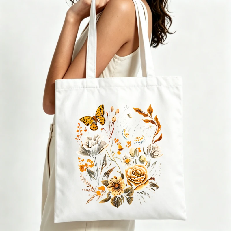 floral and butterfly print canvas tote bag with vintage style, perfect for daily shopping and casual outings