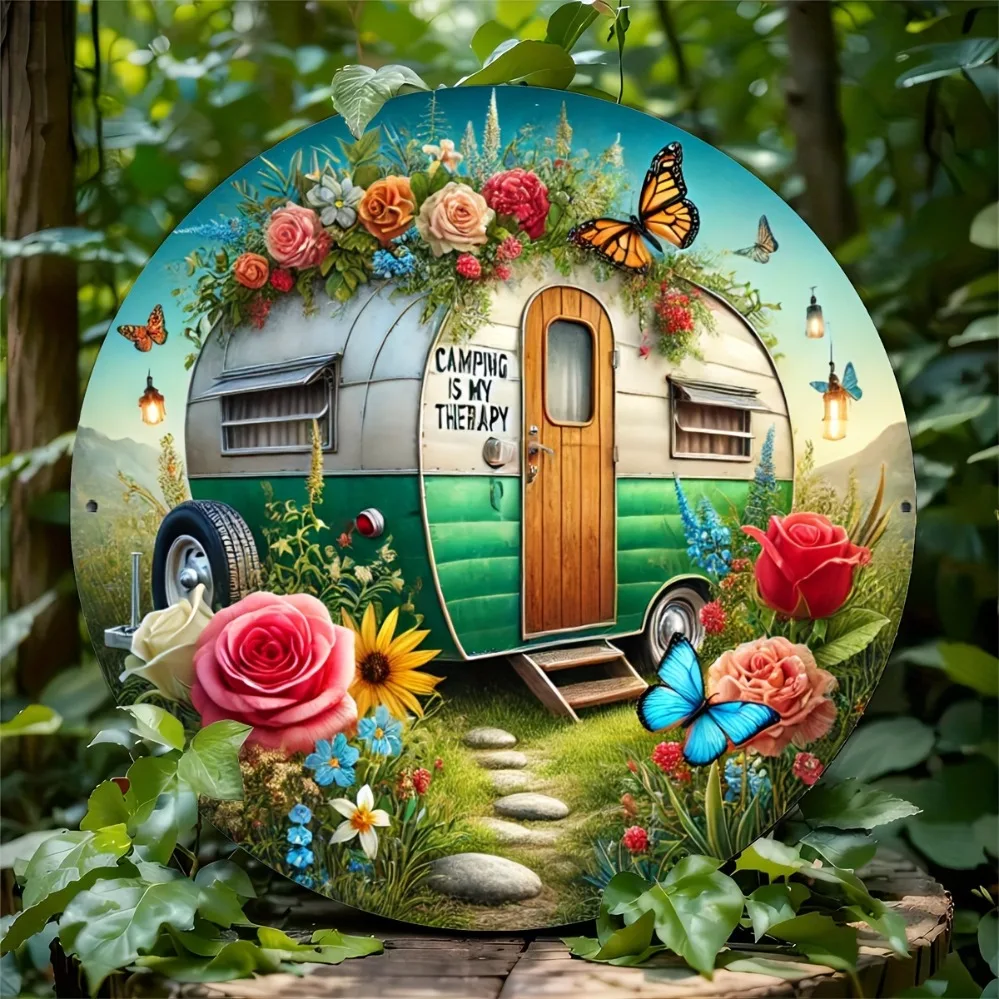 2D Metal Sign, Camping My Therapy Metal Sign, 7.87x7.87 Inch Iron Sign for Home Decor Trailer Wreath