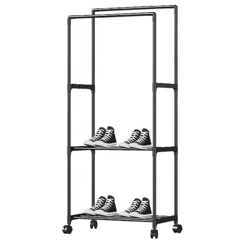 

Clothing Rack Double Rods Freestanding Hanger With Wheels Rolling Clothes Organizer For Coats Shirts Dress Multi-functional