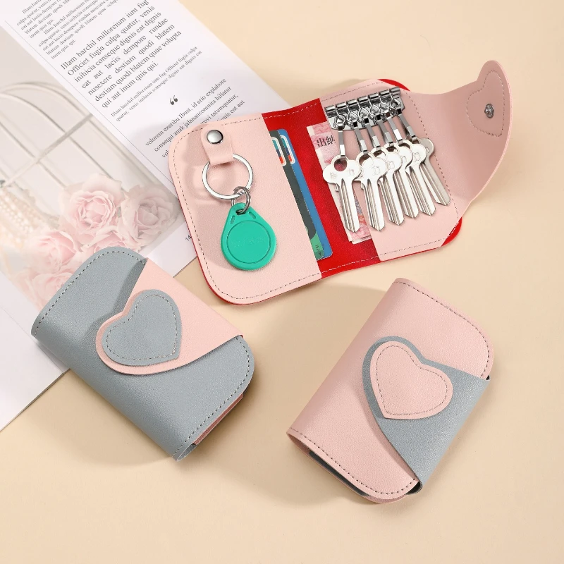 أزياء بسيطة مفتاح حامل بو الجلود المحفظة السيدات على شكل قلب مفتاح المحفظة المنظم حقيبة سيارة مدبرة المنزل المحفظة حامل البطاقة