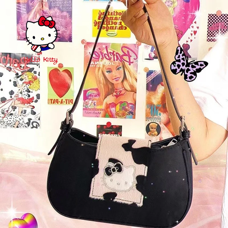 Sanrio Kawaii Hello Kitty Street Clothing Bag Y2K Creative Cute Print Handbag Cartoon Nylon Underarm Bag Jk Sweet Girl Bag Gift