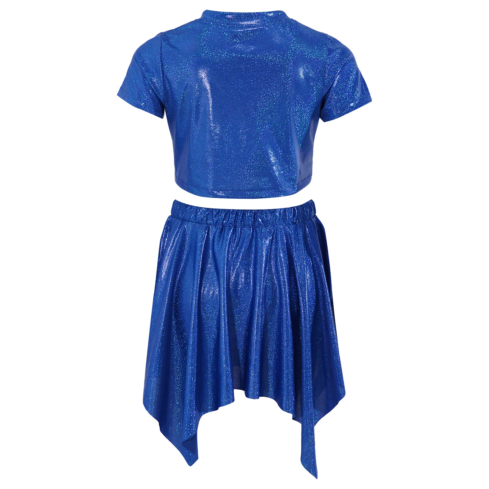 Kids Girls Metallic Hip Hop Cheerleading Costume Childs Jazz Dance Outfit Short-sleeve Tie-front T-shirt with Asymmetrical Skirt