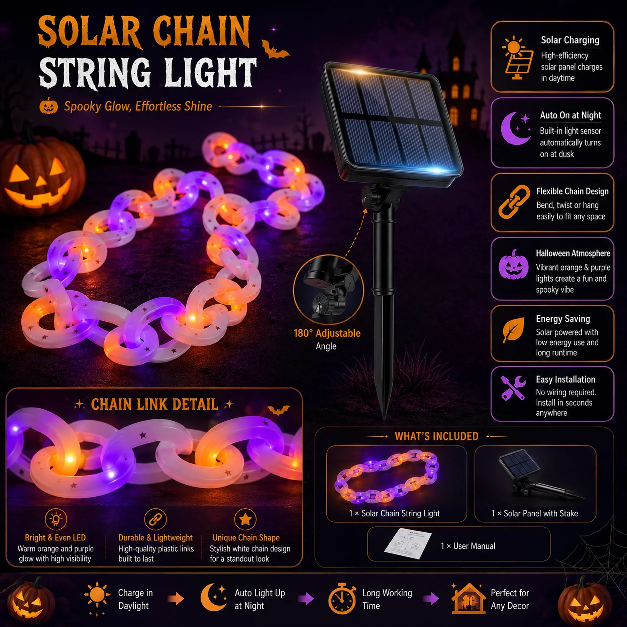 Halloween Solar Chain Link Lights Orange Purple LED String Lights Outdoor Garden Fence Porch Patio Yard Party Decor