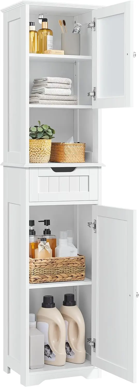 Tall Narrow Bathroom Storage Cabinet with Frosted Glass Door, Slim Floor Cabinet with Adjustable Shelves and Drawer for Towel Linen
