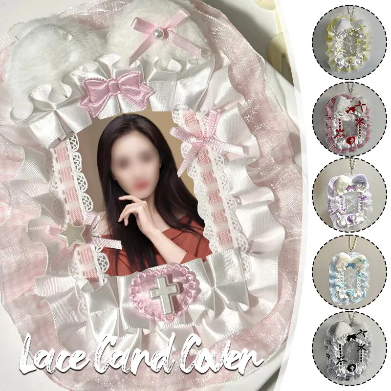 Fluffy Lace Card Holder with Pearl Chain Ruffled Edge Bowknot Bus Card Sleeve Id Bank Credit Card Holder Protector Stationery