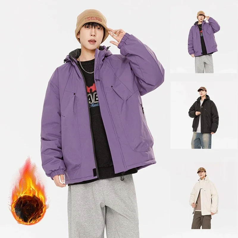 เสื้อแจ็คเก็ตผู้หญิงแบบหนา ทรงหลวม สีพื้น สำหรับกิจกรรมกลางแจ้ง เสื้อพาร์กาลำลอง สไตล์สปอร์ต มีฮู้ด บุใยอุ่น กันลม เสื้อผ้าฤดูหนาวสำหรับผู้หญิง