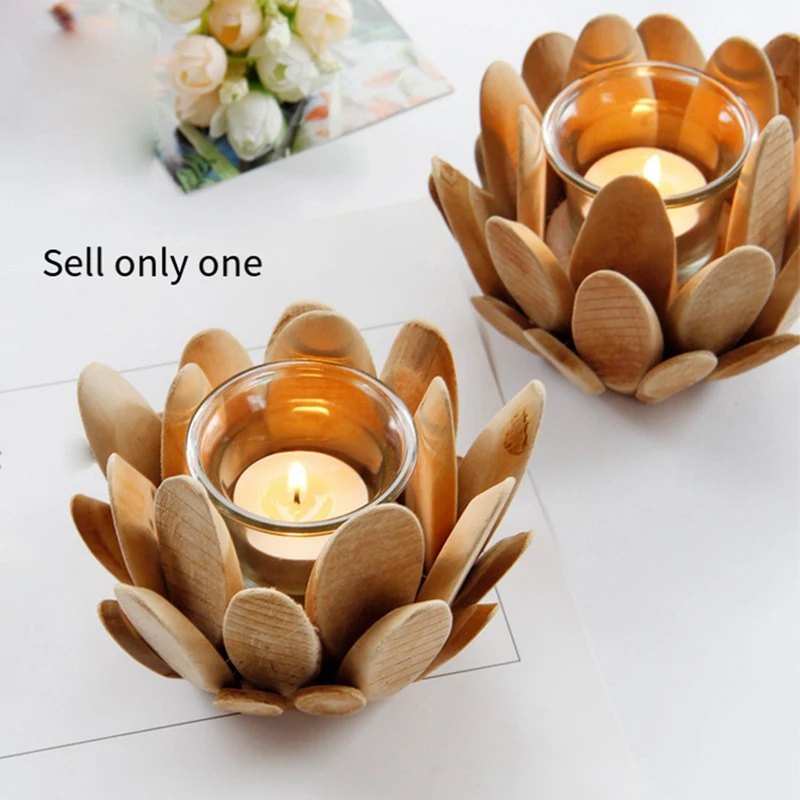 N85R-나무 꽃 캔들 홀더 나무 기둥 캔들 스탠드 꽃 티 라이트 홀더 나무 트림 로터스 장식 레트로 캔들 홀더