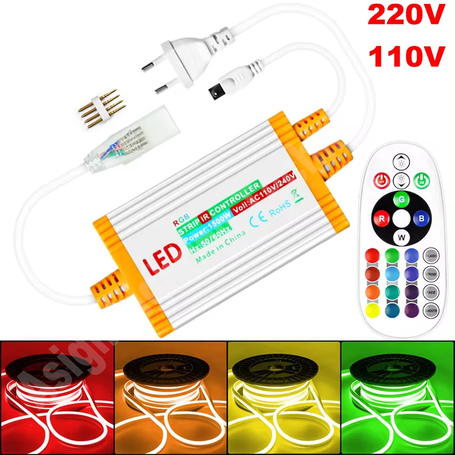 

Контроллер неонового света RGB 220 В/110 В, IP68, водонепроницаемый для светодиодных лент 5050 2835, вилка европейского стандарта с 24 клавишами, ИК-пульт дистанционного управления, 1500 Вт