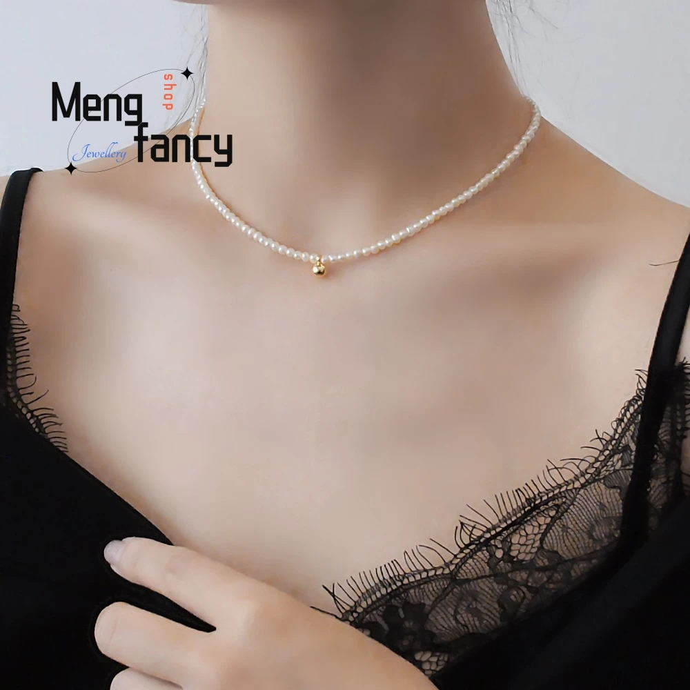 Ultra-Fine 2MM Freshwater Small Pearl Necklace, Retro Seedless Small Pearl Collarbone Chain, Layered Gold Bean Neck Chain
