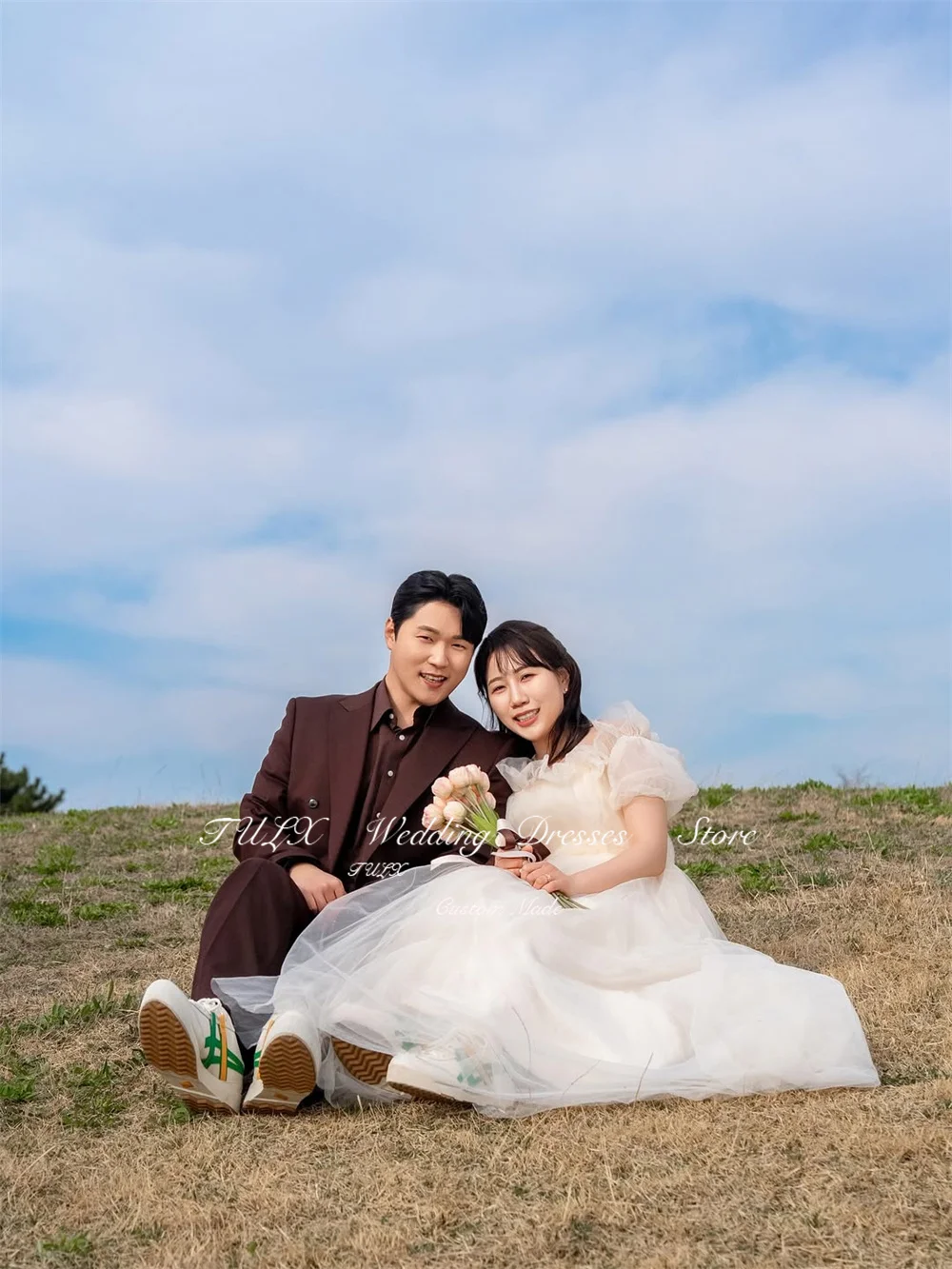 TULX Fairyชุดแต่งงานTulleเกาหลีถ่ายภาพStraplessพัฟแขนชุดเจ้าสาวความยาวชั้นรัดตัว ที่กําหนดเอง 2025