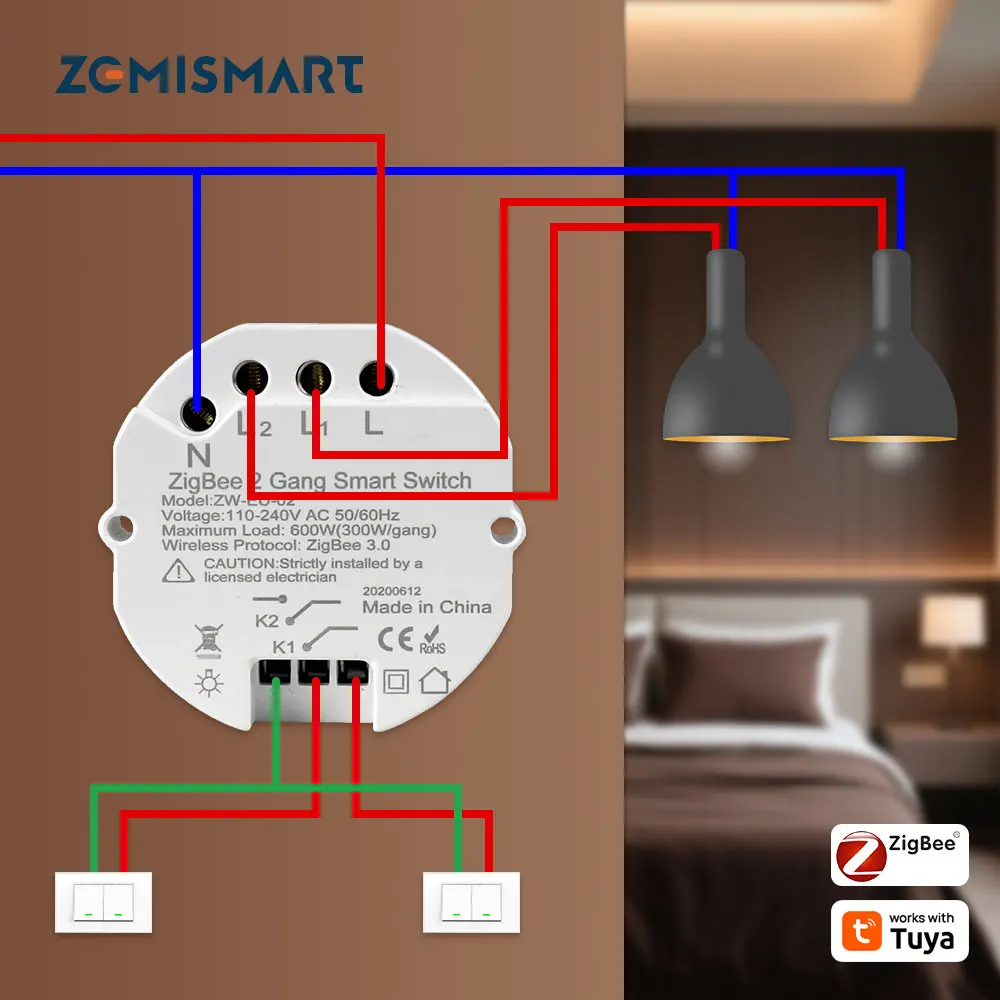 Zemismart Zigbee Mini Switch 1 Gang 2 Gangs Inline Module App Remote Control Work with Tuya Zigbee Hub Alexa Google Home Voice