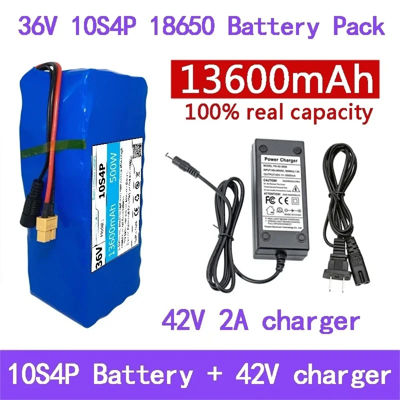 

36V Battery 13600mAh Real Capacity 10S4P XT60 18650 Lithium Ion Battery Pack 13.6Ah 500W 1000W for 42V E-bk BMS 2A Charger